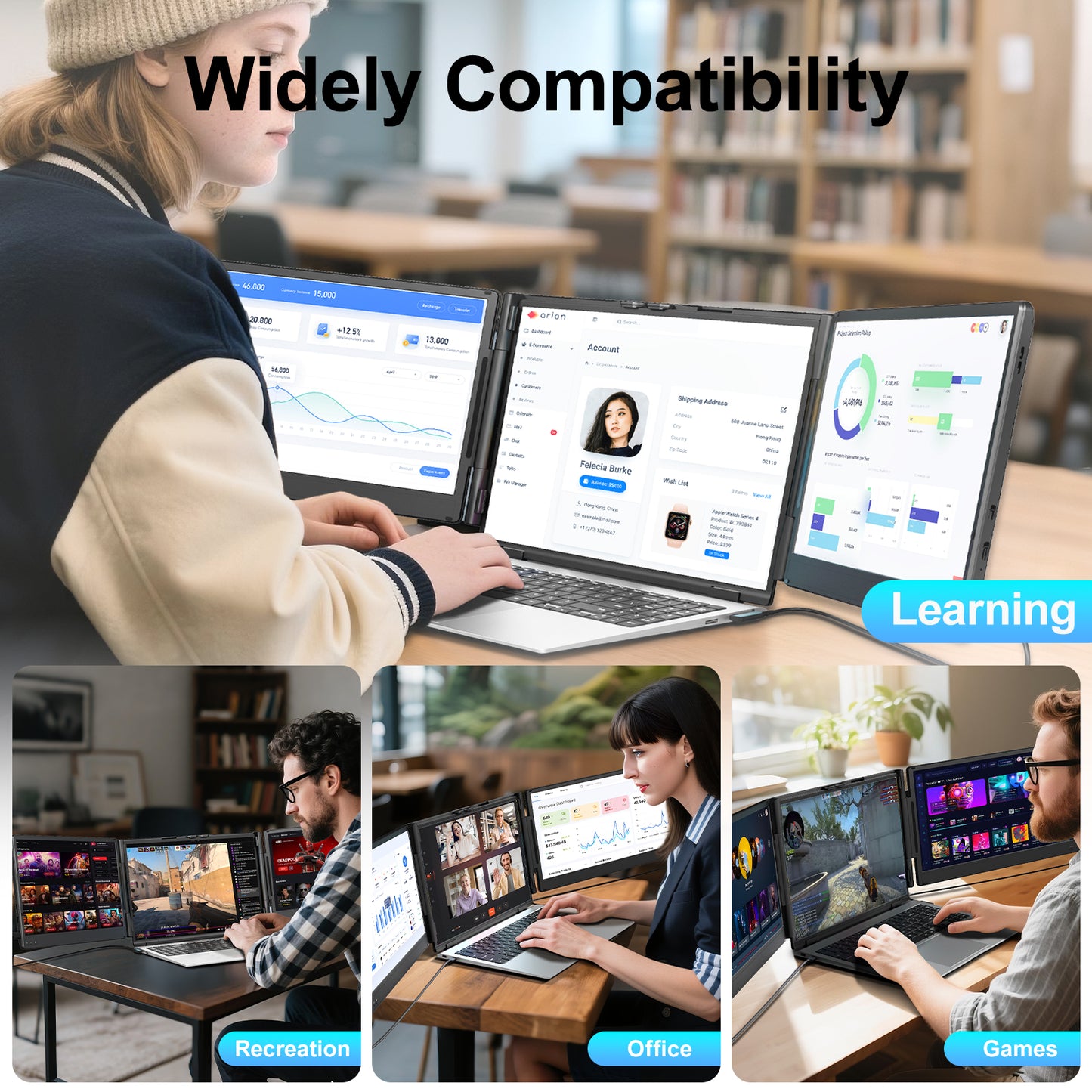 Tlscon Laptop Screen Extender Portable Monitor, 14" 1080P IPS Screen, Monitor Extender for Laptop, Fit for 13-17.3" Laptop, Plug & Play Compatiable with Windows/Mac/Chrome/Android/Switch