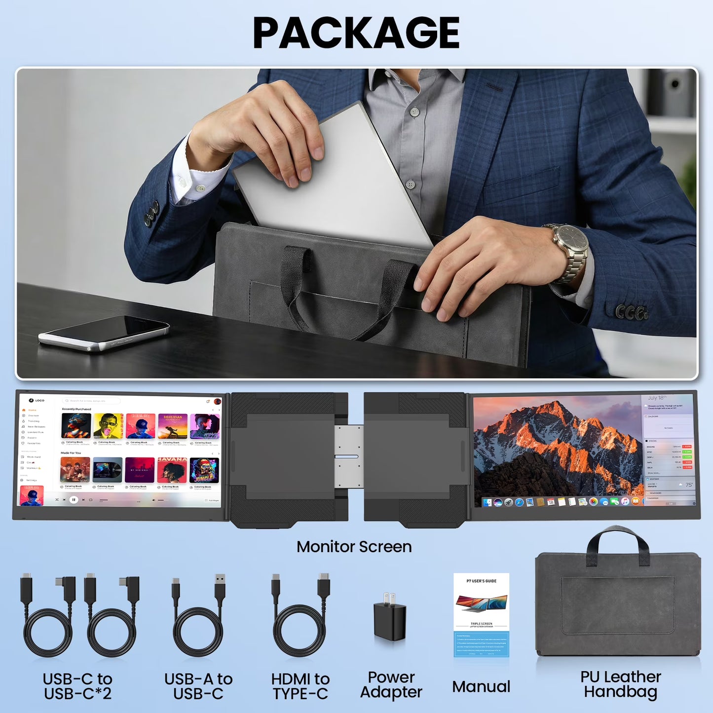 Tlscon 15.6”Laptop Screen Extender, 1080P IPS Triple Portable Extended Display, Laptop Monitor Extender for 13-17.3" , Plug & Play Compatible with Windows/Mac/Android
