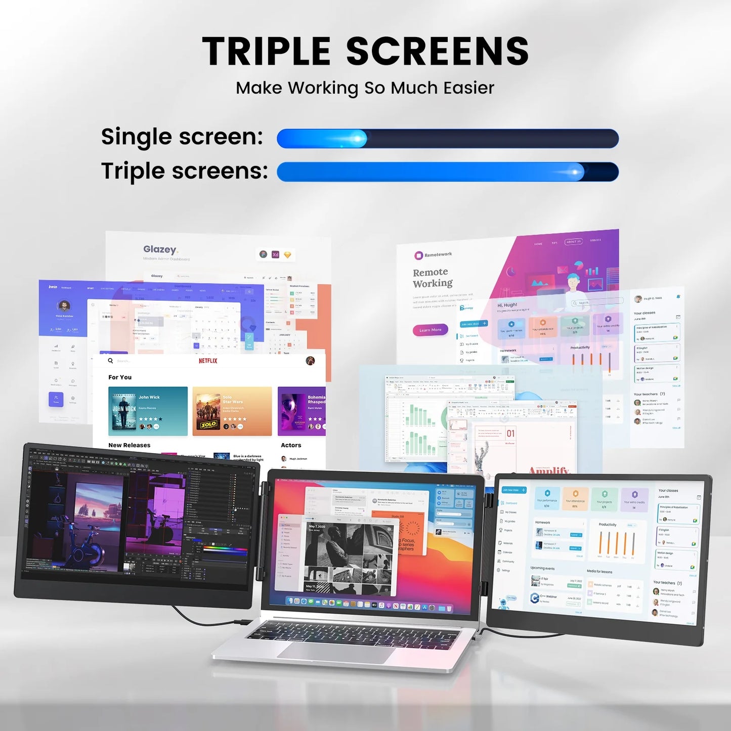 Tlscon Portable Monitor, 14" IPS Triple Laptop Screen Extender Build-in Stand & Dual Speakers Fit for 13''-16.1'' , Plug and Play, Compatible with Windows, MacOS, Chrome, Android, PS5