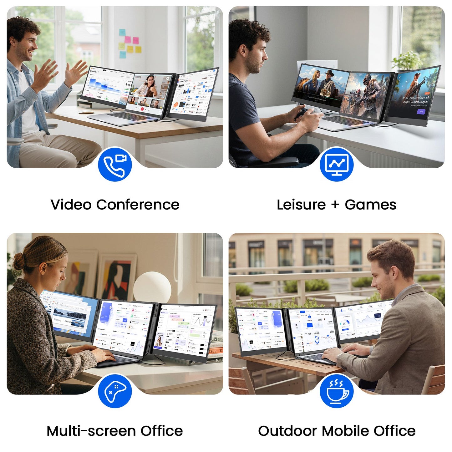 Tlscon One Cable Laptop Screen Extender, 15.6 1080P IPS Triple Screen Laptop Monitor Extender, USB-C/USB-A Connect to Display, Fits for 13–17.3" laptop, Mac/Wins/Android