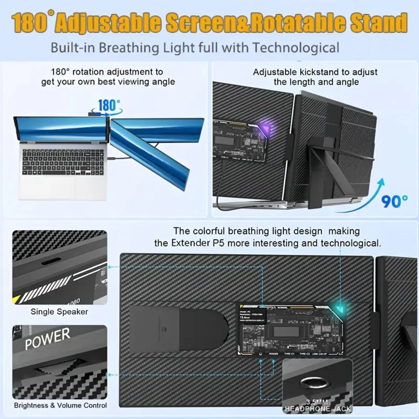 Tlscon Laptop Screen Extender - 15.6" FHD 1080P Portable Monitor for Laptop, Detachable & Plug and Play Dual Laptop Monitor Extender for 13"-17.3", Compatible with Wins/Mac/Android/Chrome