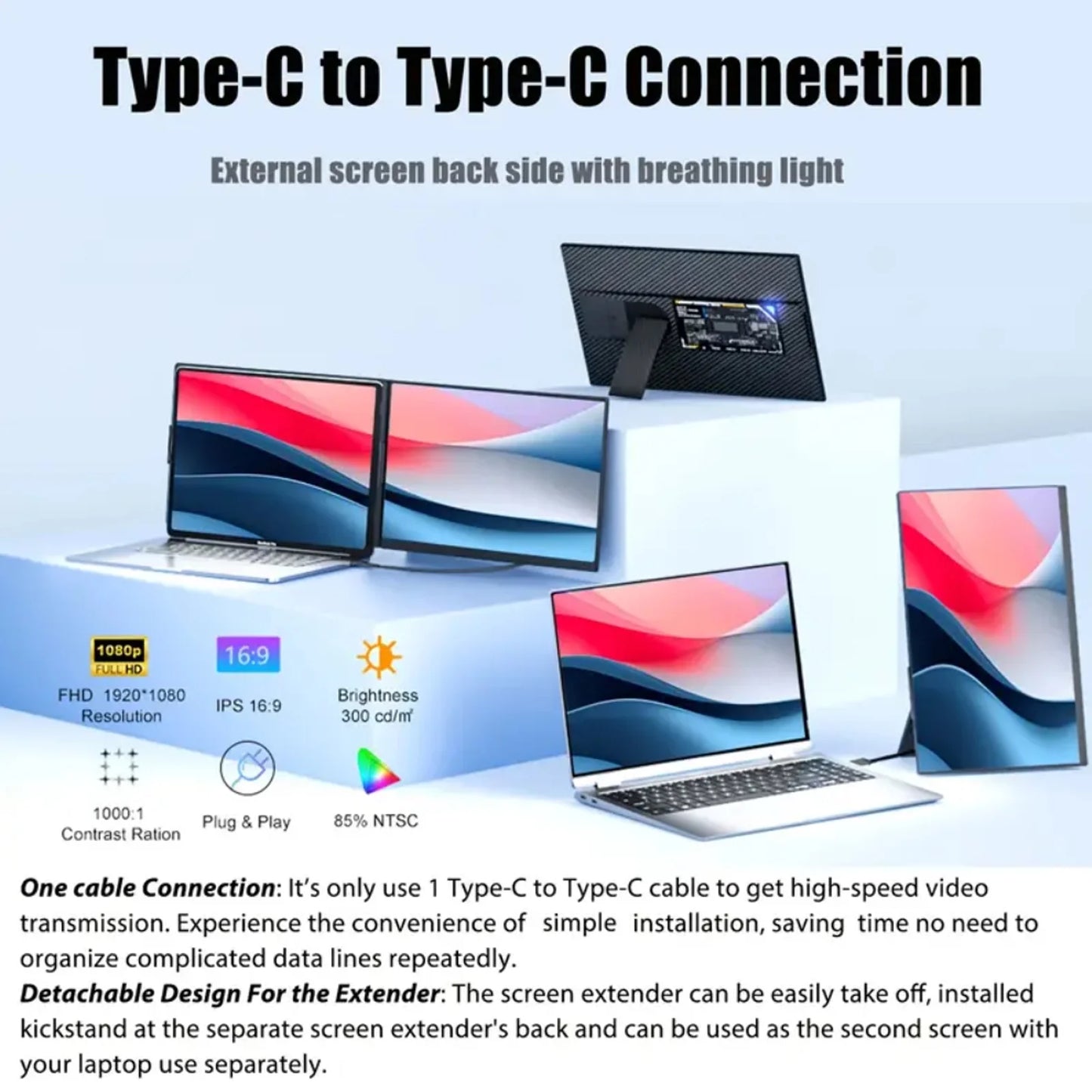 Tlscon Laptop Screen Extender - 15.6" FHD 1080P Portable Monitor for Laptop, Detachable & Plug and Play Dual Laptop Monitor Extender for 13"-17.3", Compatible with Wins/Mac/Android/Chrome