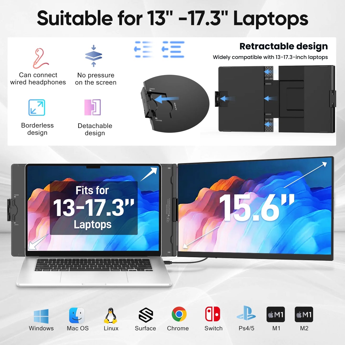 Tlscon Laptop Screen Extender - 15.6" FHD 1080P Portable Monitor for Laptop, Detachable & Plug and Play Dual Laptop Monitor Extender for 13"-17.3", Compatible with Wins/Mac/Android/Chrome