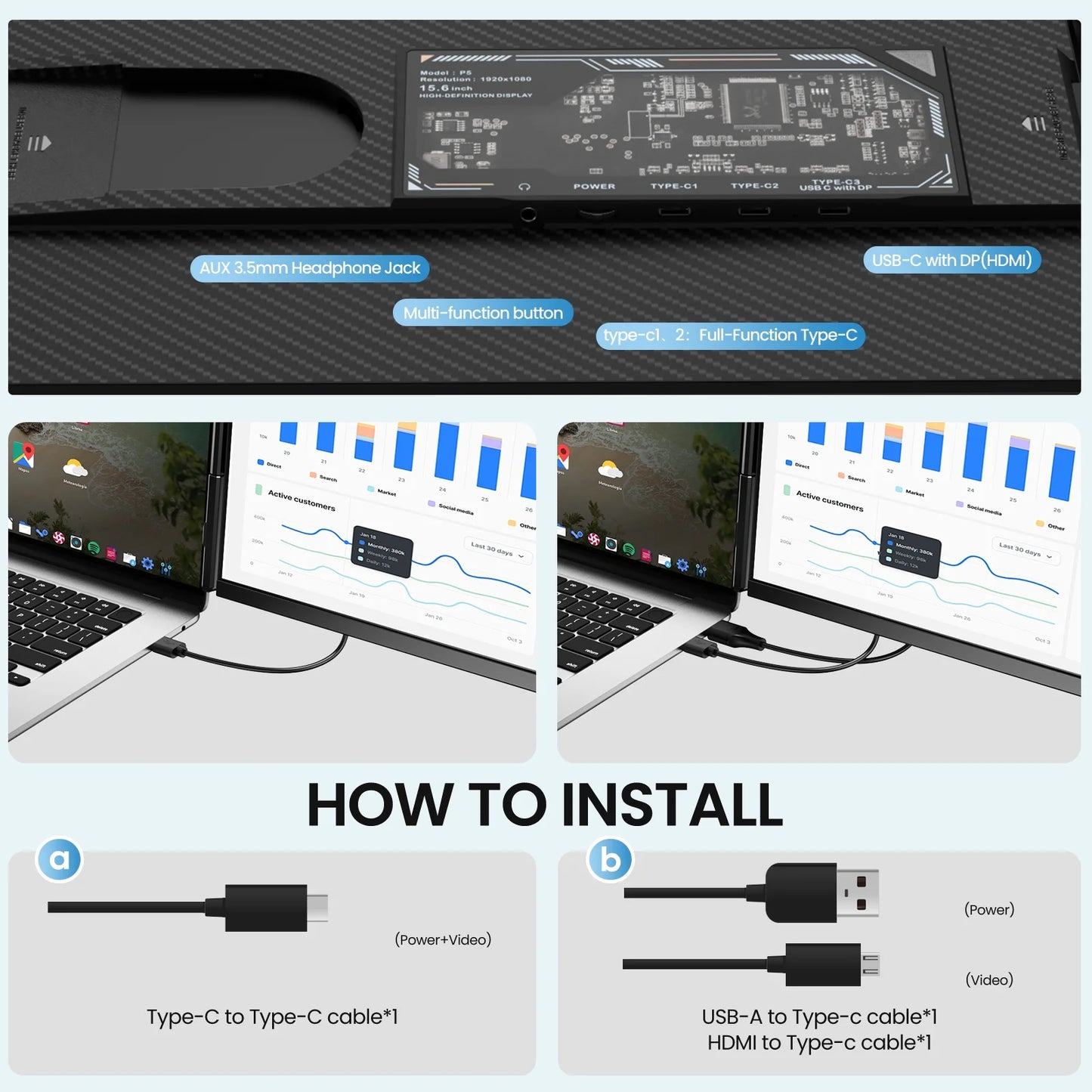 Tlscon Laptop Screen Extender - 15.6" FHD 1080P Portable Monitor for Laptop, Detachable & Plug and Play Dual Laptop Monitor Extender for 13"-17.3", Compatible with Wins/Mac/Android/Chrome