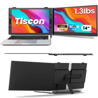 Tlscon Laptop Screen Extender, Ultra-Thin 14" FHD 1080P Portable Monitor for Laptop, 1.3lbs Lightweight Dual Monitor Extender Plug & Play for 13"-17" Laptops, Compatible with Wins/Mac/Android/Chrome