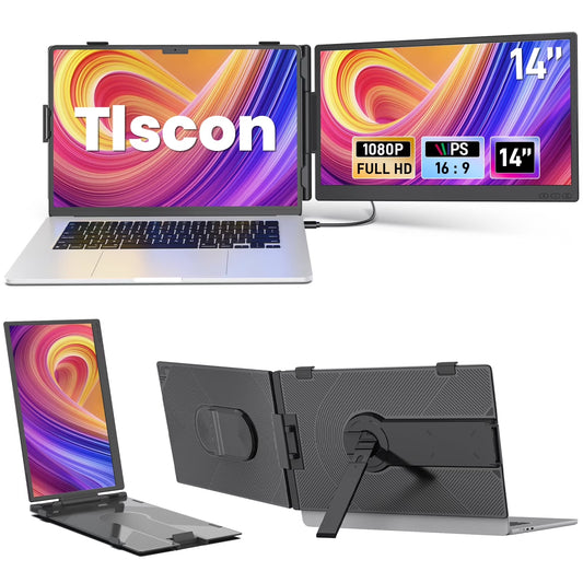 Tlscon laptop screen extender 14” FHD 1080P, Ultra-light and ultra-thin portable monitor, Laptop Monitor Extender for 13-17.3" Laptops, Plug & Play Travel Monitor Extender Compatible with Windows/Mac