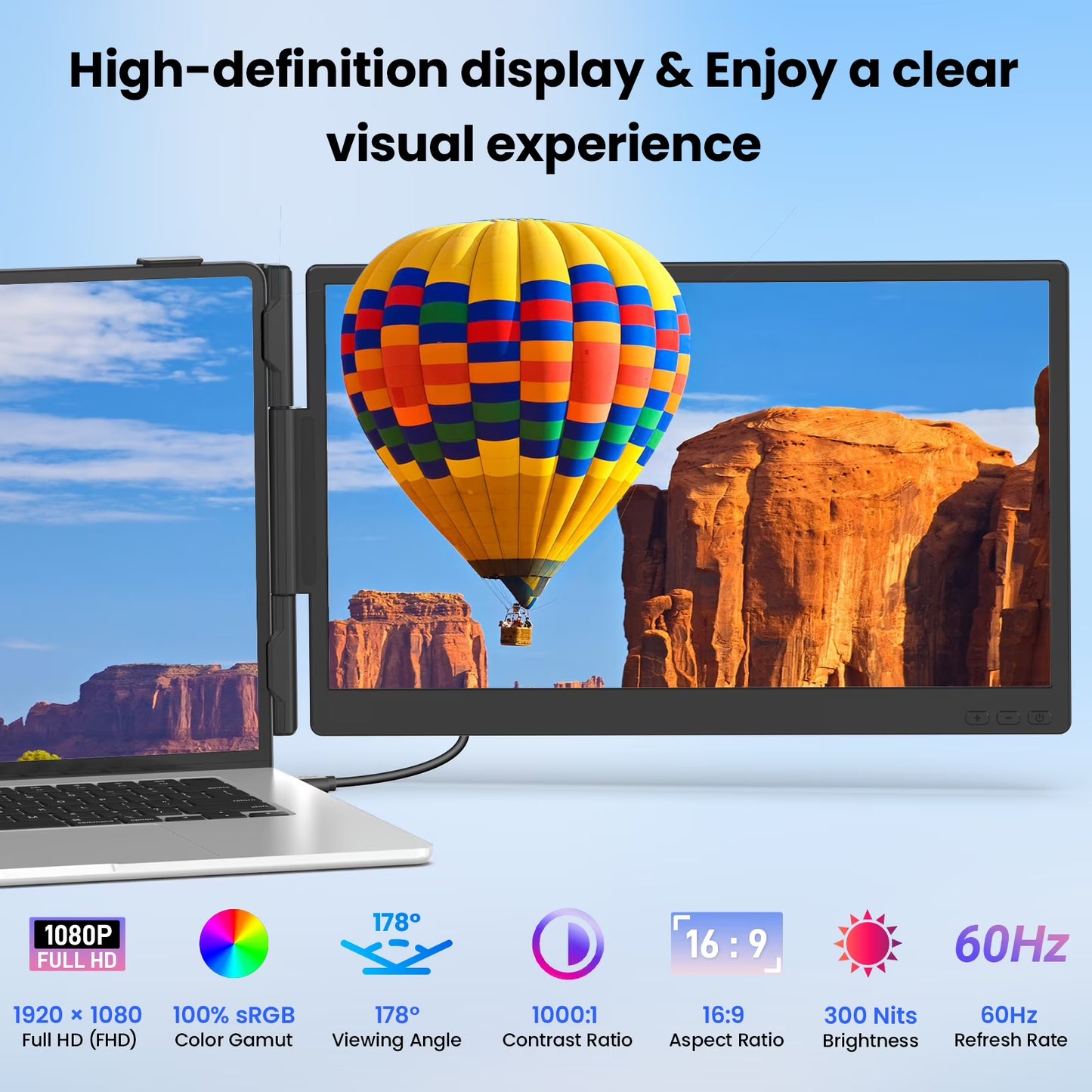 Tlscon laptop screen extender 14” FHD 1080P, Ultra-light and ultra-thin portable monitor, Laptop Monitor Extender for 13-17.3" Laptops, Plug & Play Travel Monitor Extender Compatible with Windows/Mac