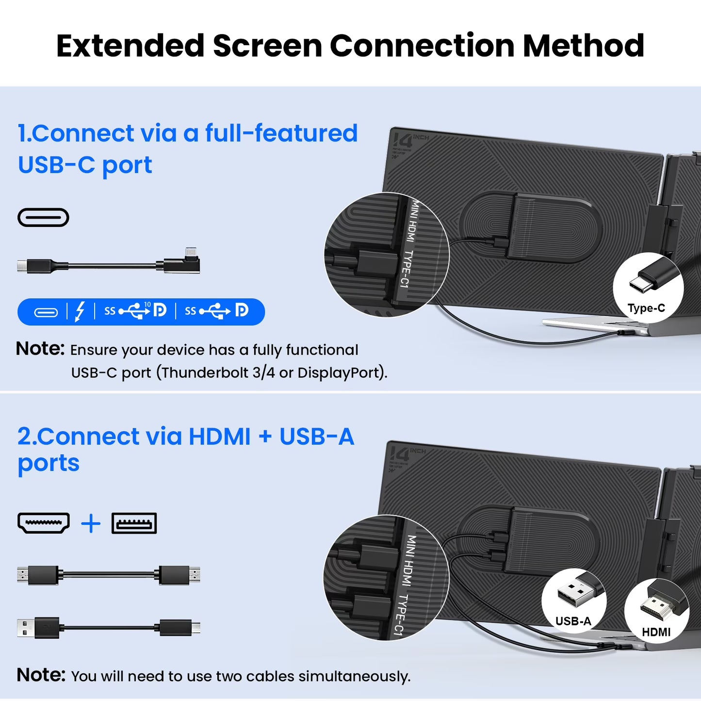 Tlscon laptop screen extender 14” FHD 1080P, Ultra-light and ultra-thin portable monitor, Laptop Monitor Extender for 13-17.3" Laptops, Plug & Play Travel Monitor Extender Compatible with Windows/Mac