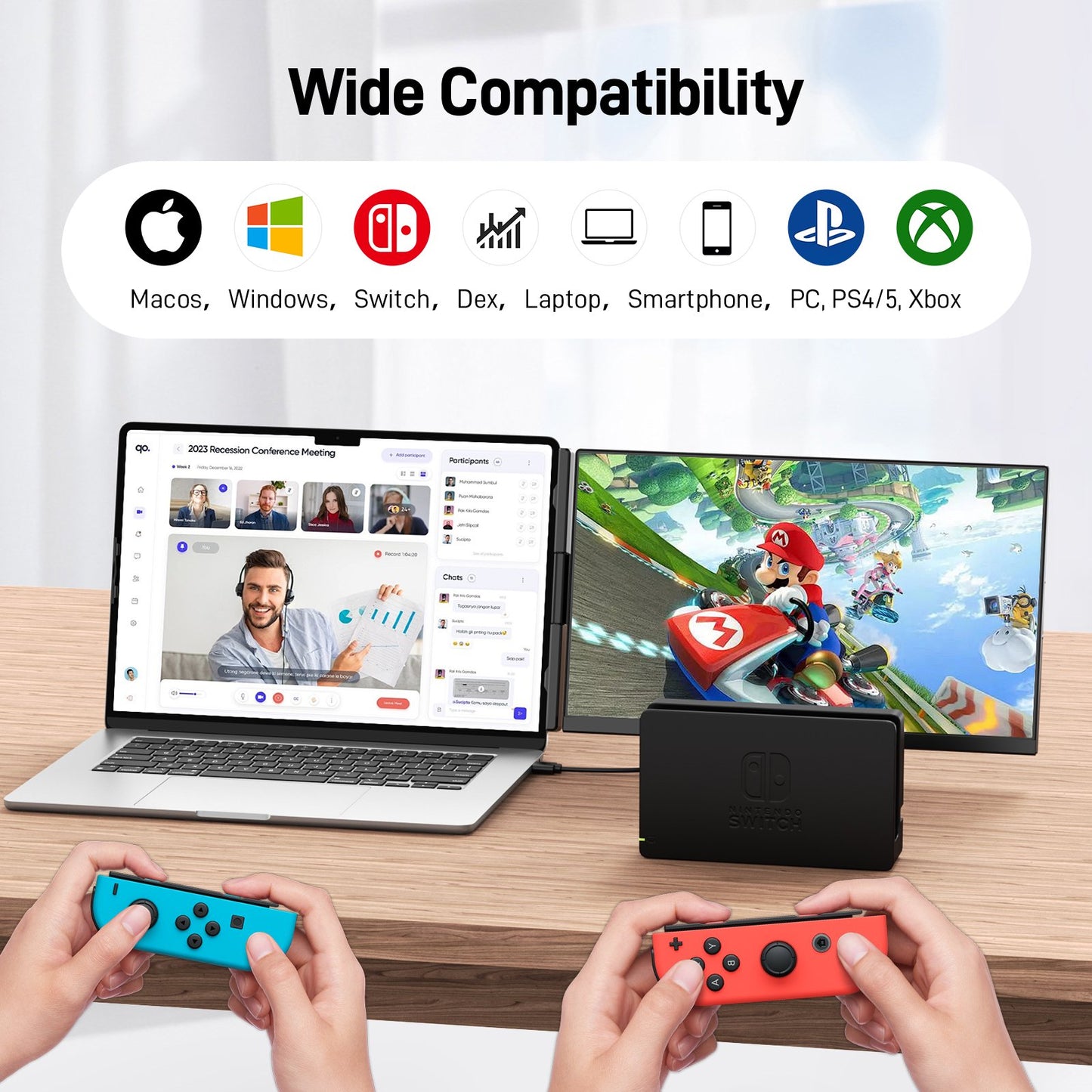 Tlscon Laptop Screen Extender, 15.6 FHD 1080P Portable Monitor, Detachable External Laptop Monitor, Plug & Play Portable Screen Extender for 13-17.3" Laptops, Wins/ Mac/ Android/ Chrome