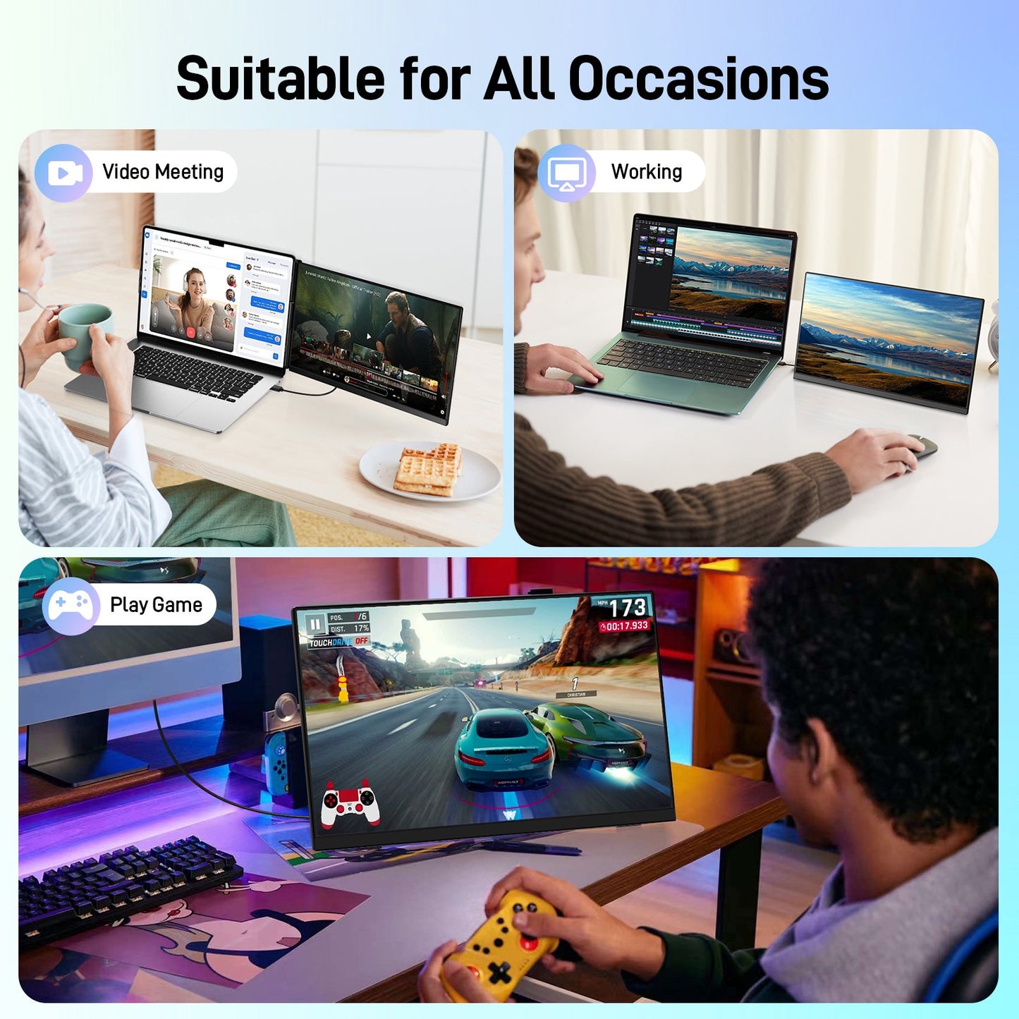 Tlscon Laptop Screen Extender, 15.6 FHD 1080P Portable Monitor, Detachable External Laptop Monitor, Plug & Play Portable Screen Extender for 13-17.3" Laptops, Wins/ Mac/ Android/ Chrome