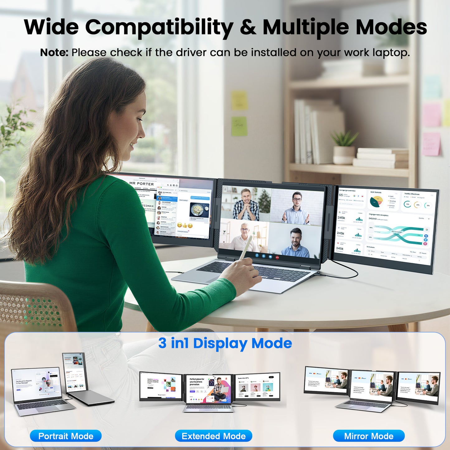 Tlscon One Cable Laptop Screen Extender, 15.6 1080P IPS Triple Screen Laptop Monitor Extender, USB-C/USB-A Connect to Display, Fits for 13–17.3" laptop, Mac/Wins/Android