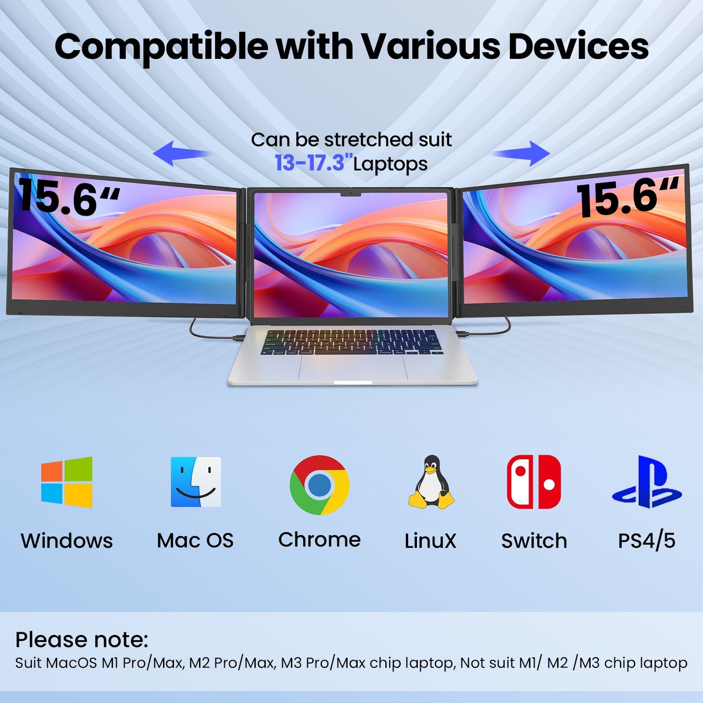Tlscon 15.6 Laptop Screen Extender, Dual 1080P IPS Displays, Triple Laptop Monitor Extender fits for 13-17.3-Inch Laptops, Plug and Play with Windows, Mac and Android