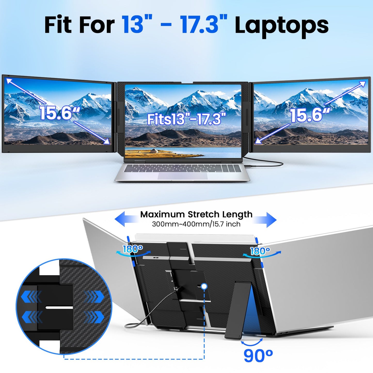Tlscon One Cable Laptop Screen Extender, 15.6 1080P IPS Triple Screen Laptop Monitor Extender, USB-C/USB-A Connect to Display, Fits for 13–17.3" laptop, Mac/Wins/Android