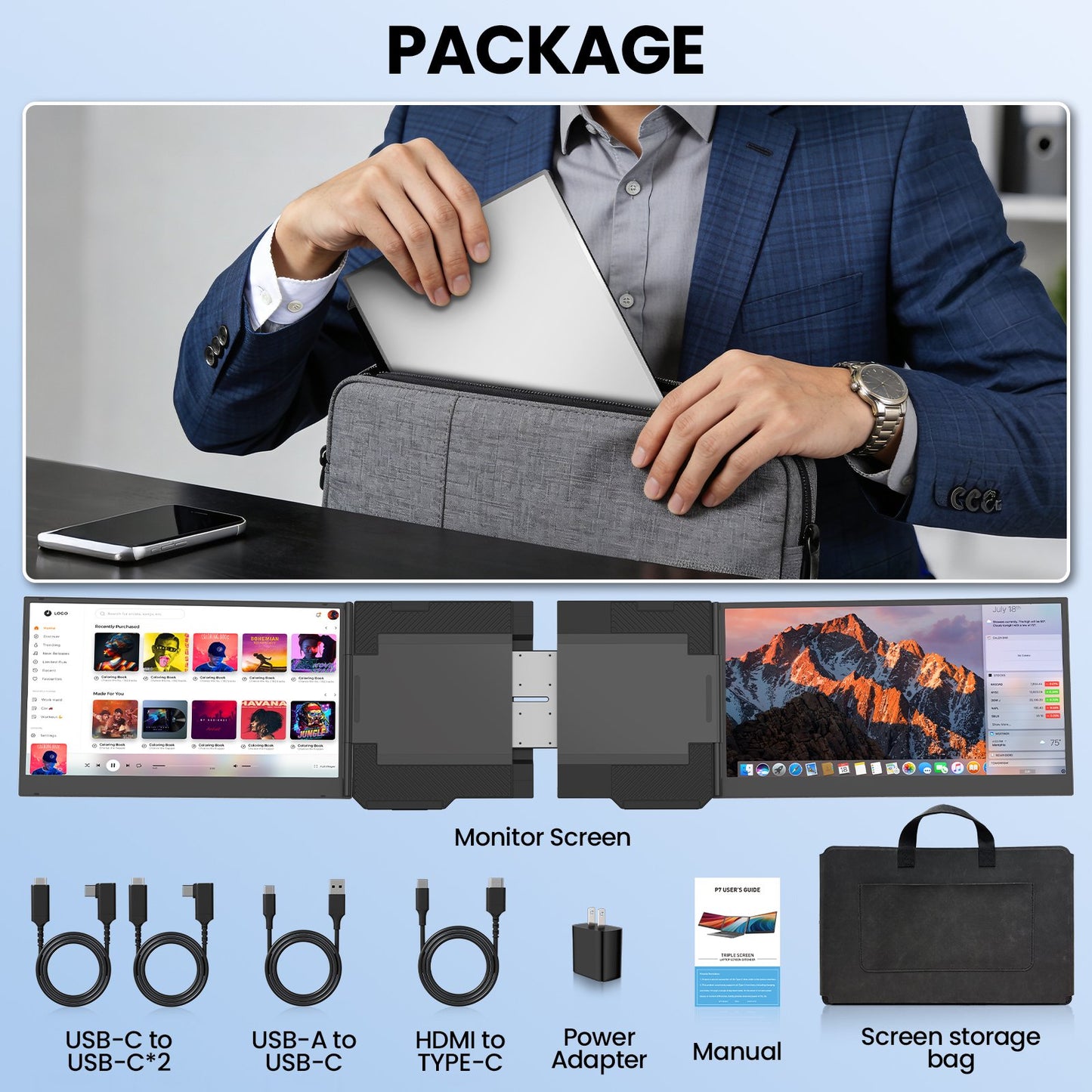 Tlscon 15.6 Laptop Screen Extender, Dual 1080P IPS Displays, Triple Laptop Monitor Extender fits for 13-17.3-Inch Laptops, Plug and Play with Windows, Mac and Android