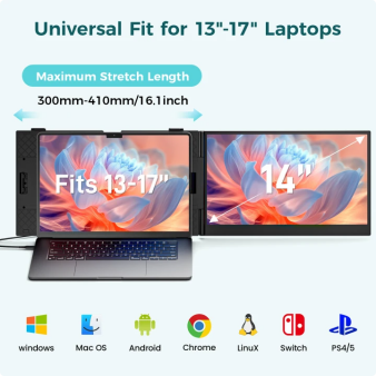 Tlscon Laptop Screen Extender, Ultra-Thin 14" FHD 1080P Portable Monitor for Laptop, 1.3lbs Lightweight Dual Monitor Extender Plug & Play for 13"-17" Laptops, Compatible with Wins/Mac/Android/Chrome