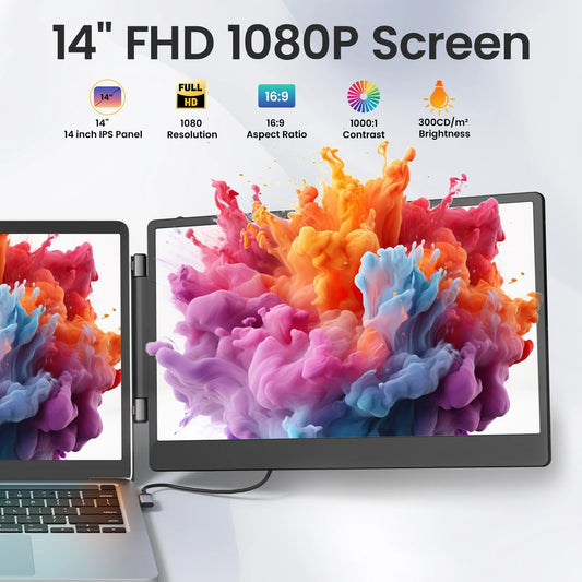 Tlscon Laptop Screen Display Extender, 14 Inch 1080P FHD Portable Monitor with Built-in Stand and Dual Speakers for 13''-16.1'' Laptops, Plug and Play, Compatible with Winds, MacOS, Chrome, PS