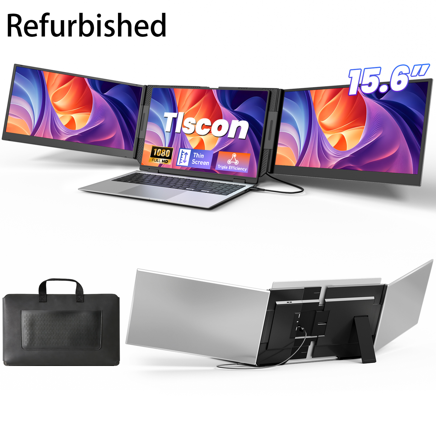 Tlscon One Cable Laptop Screen Extender, 15.6 1080P IPS Triple Screen Laptop Monitor Extender, USB-C/USB-A Connect to Display, Fits for 13–17.3" laptop, Mac/Wins/Android